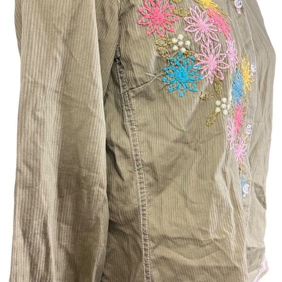 J Jill Womens Embroidered Long Sleeve Bell Sleeve Button Up Green Shirt Top sz 4 - Picture 5 of 16